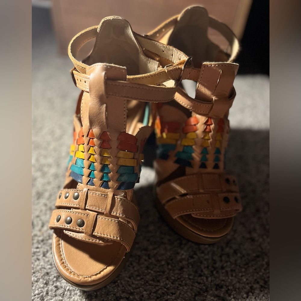Mexican Huarache Colorful Leather Strappy Heels Sandals Women’s 9 Mexico 26 - Picture 2 of 13